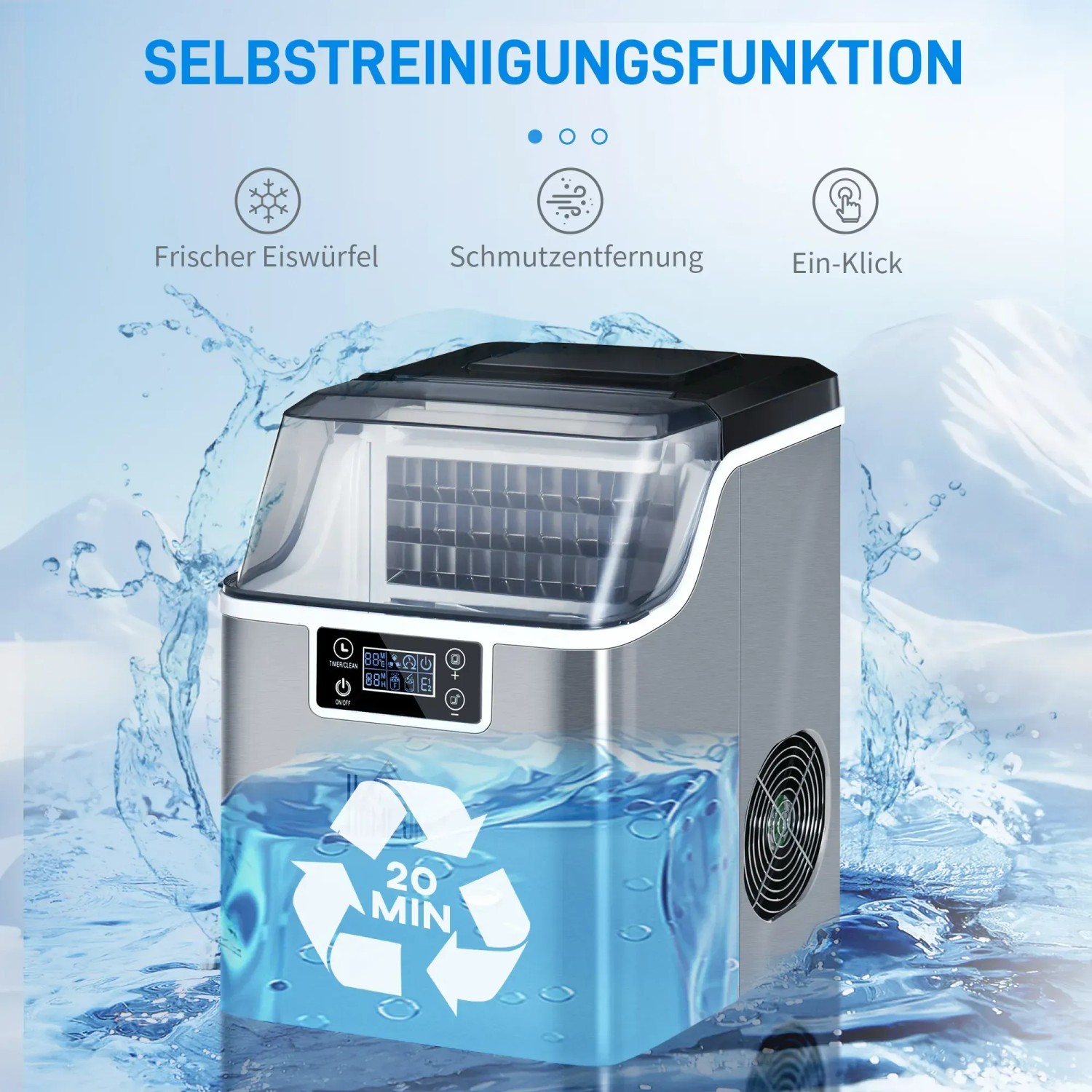 HOMCOM Eiswürfelmaschine aus Edelstahl in Silber mit Selbstreinigungsfunktion.