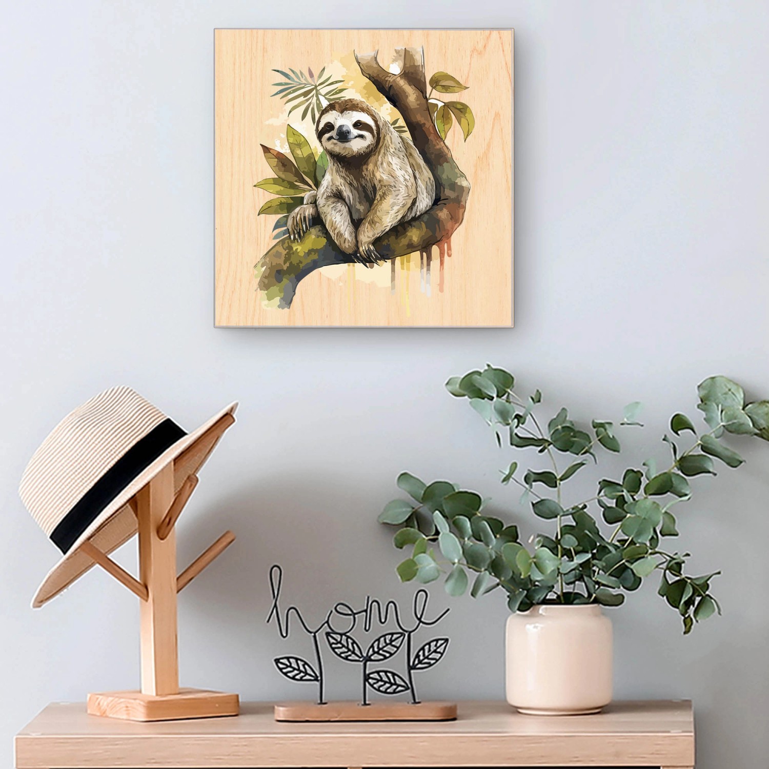 Schwarzer Banjado Schlüsselkasten mit Faultier Motiv auf Holzfront, 30x30cm.