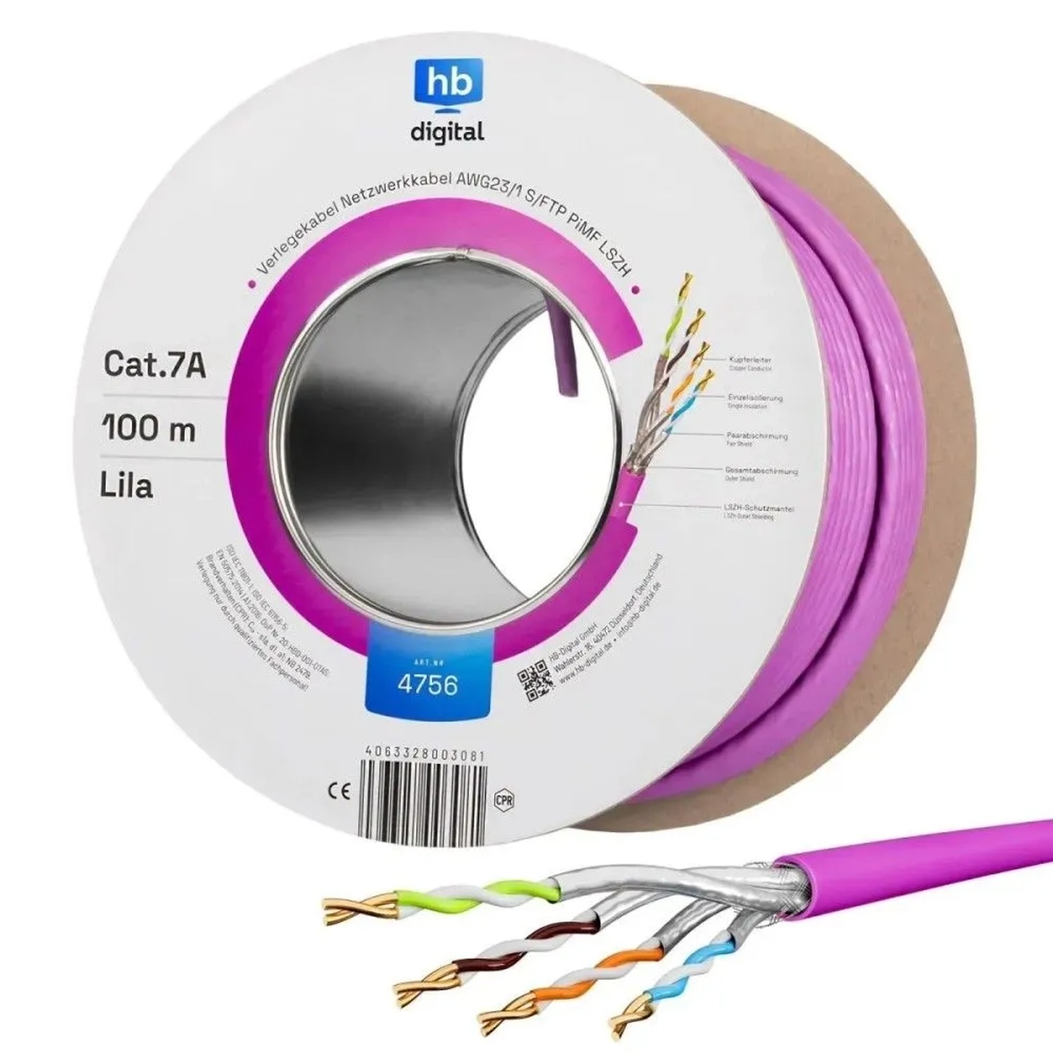 hb-digital Netzwerkkabel CAT 7a Verlegekabel max. 1200 MHz S/FTP AWG23 LSZH 100m Lila