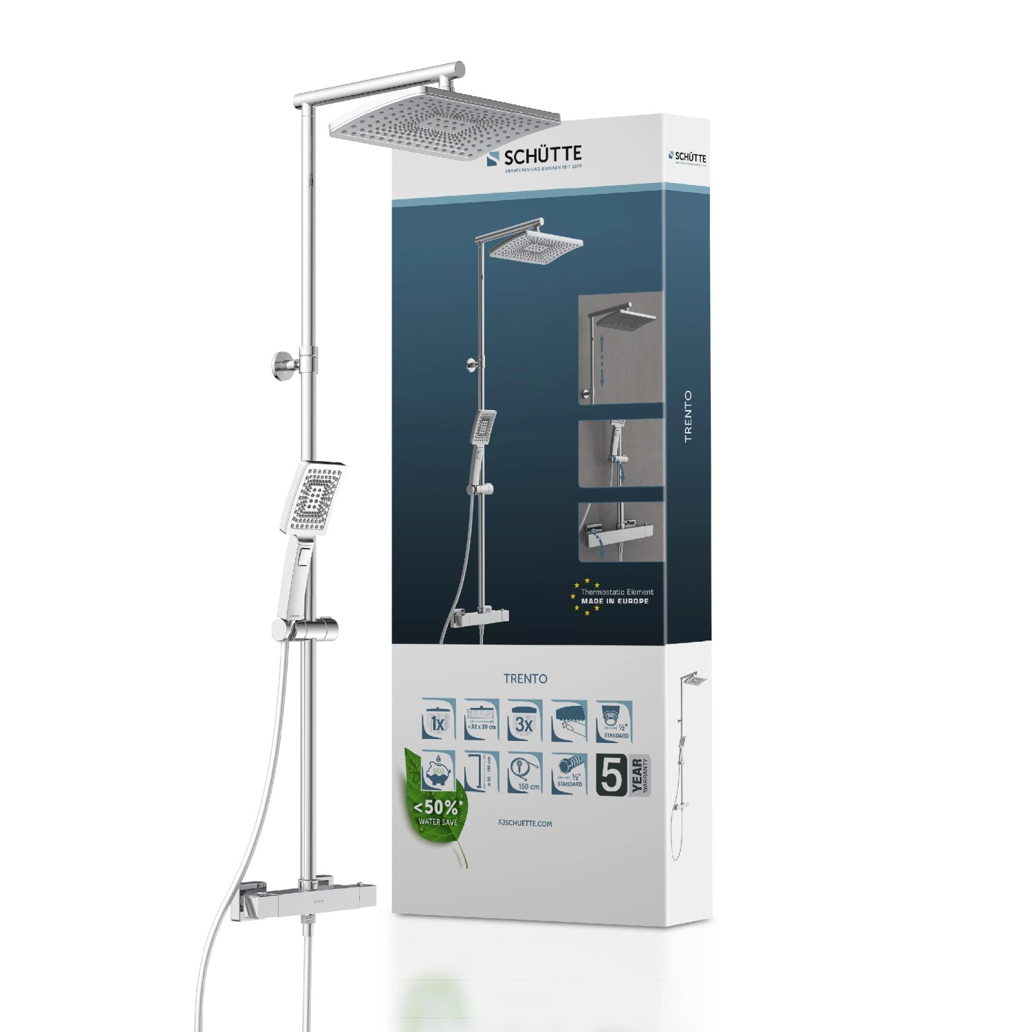 Schütte Überkopf-Brauseset Trento mit Thermostatarmatur in Chrom, Regendusche und Handbrause.