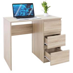 ML-Design Schreibtisch Sonoma-Eiche mit 3 Schubladen, 90x76x50 cm. Arbeitstisch mit Laptop und Pflanze.