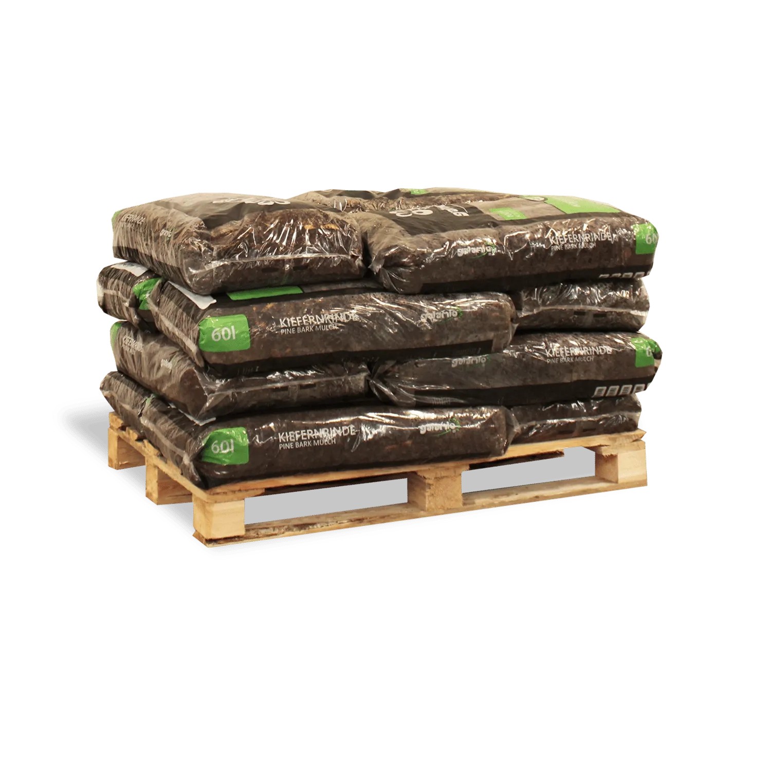 Galamio Kiefer Rindenmulch 60l Säcke auf Holzpalette. Mulch für Garten, Unkrautschutz und Bodenabdeckung.