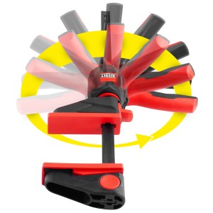 Bessey Einhandzwinge EZ360 mit drehbarem Griff und gelbem Pfeil, der die Drehfunktion hervorhebt.