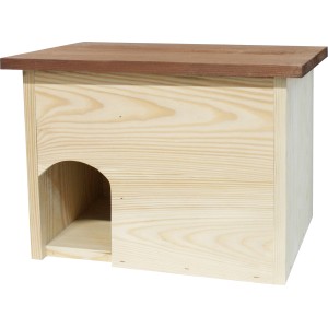 Igelhaus aus Pinie, 38x28 cm, mit braunem Dach und Eingang. Unterschlupf für Igel im Garten.