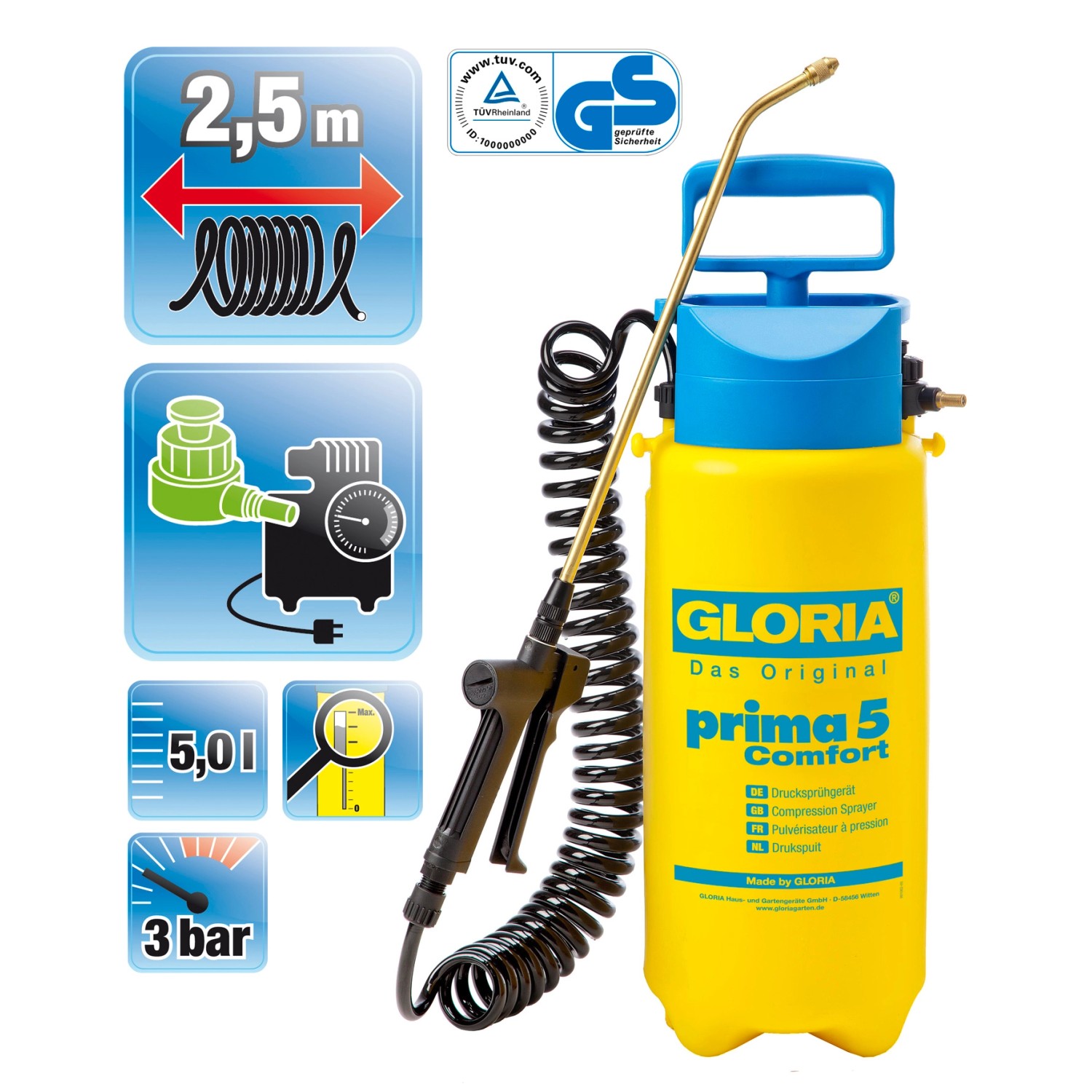 Gloria Prima 5 Comfort Drucksprühgerät mit 5 l Tank, Spiralschlauch und Messing-Sprühlanze.