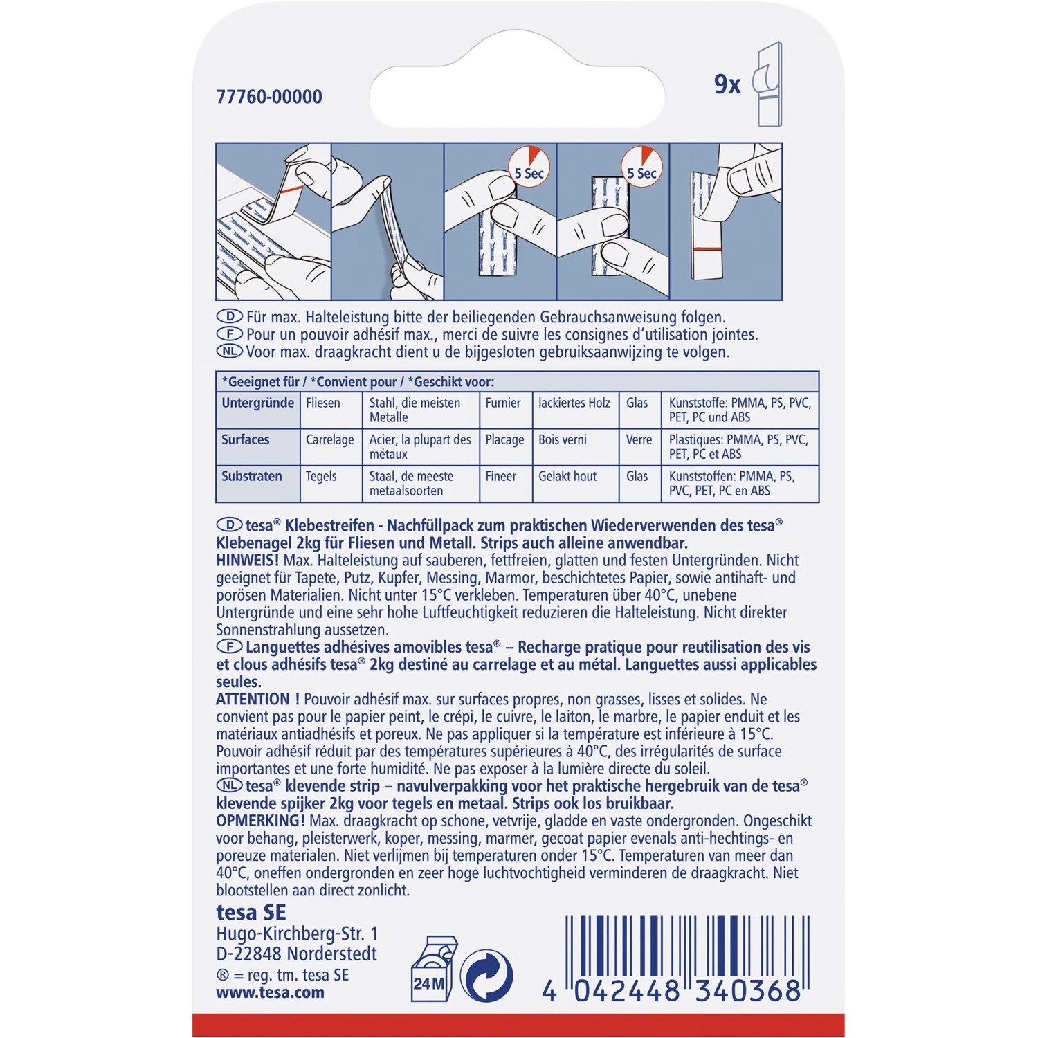 Tesa Klebestreifen für Fliesen/Metall, 2kg, 9er-Pack. Ablösbare Montage ohne Bohren.
