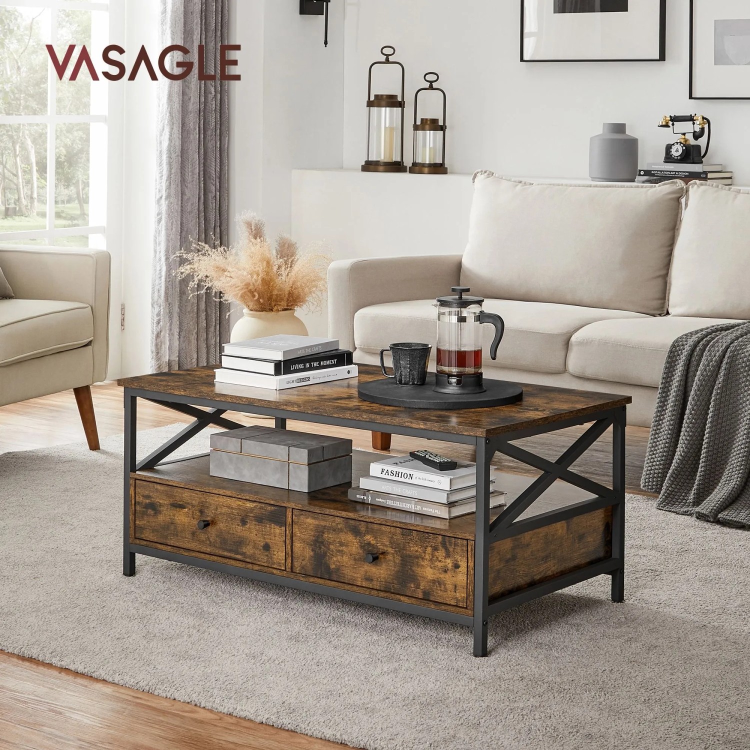 Vasagle Couchtisch braun-schwarz (100x55x45cm) mit Stauraum und Schubladen.