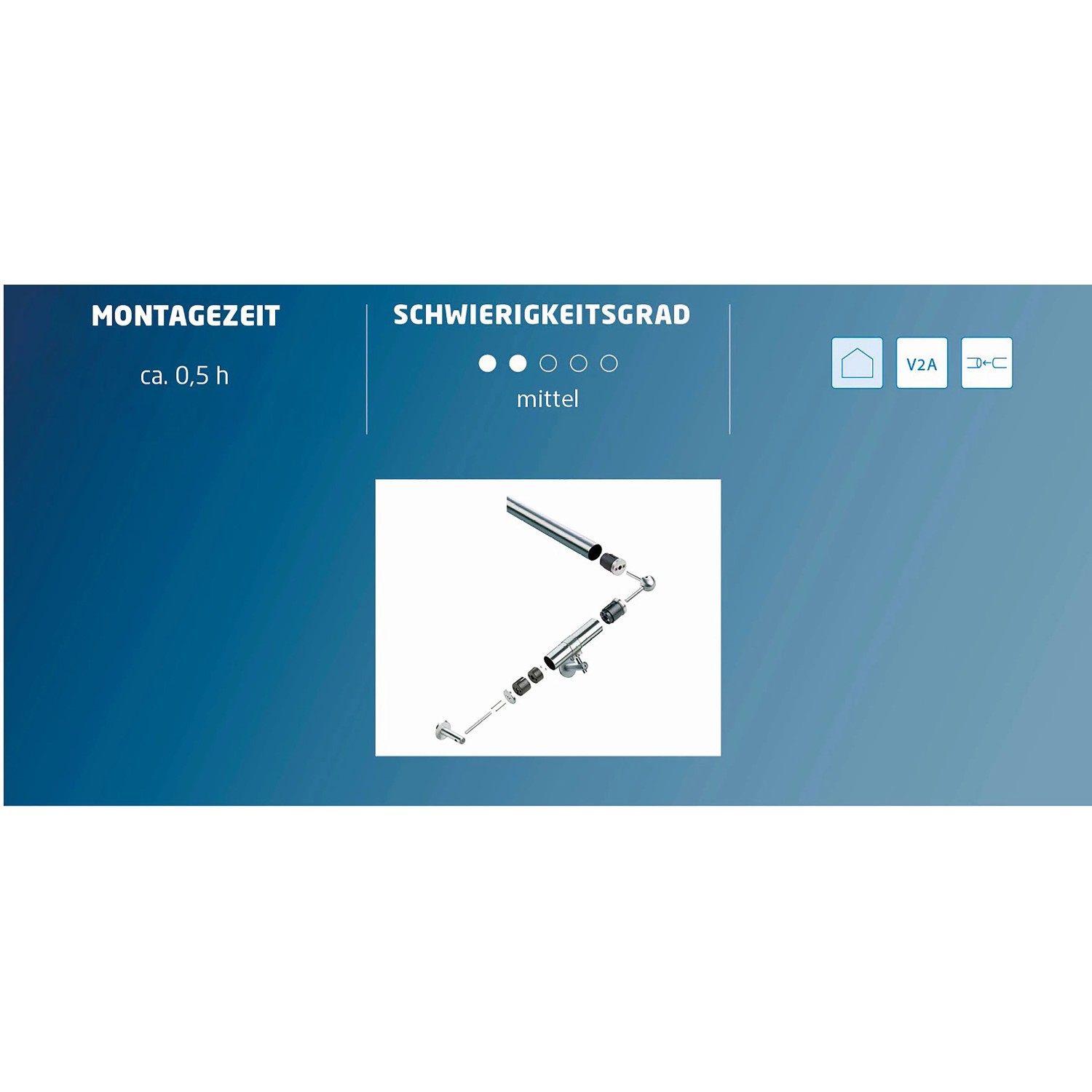 Handlauf Komplettset Edelstahl V2A, 2000 mm, mit Halterungen und Montage-Details.
