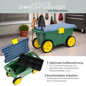 HMF GWS-55CM-06 2-in-1 Gartenwagen Mit Sitz Und Stauraum Gartenhocker Mit Rollen Rollsitz Für Gartenarbeit Bis 100 kg 550 x 265 x 295 mm