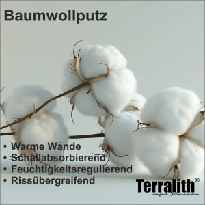 Terralith Baumwollputz Flüssigtapete: Weiße Baumwolle. Effektputz, schallabsorbierend, feuchtigkeitsregulierend.