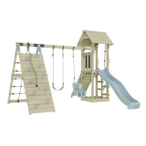 OutdoorToys Spielturm Kiruna mit Babyschaukel Eisblau, Kletterwand, Rutsche und Schaukel.