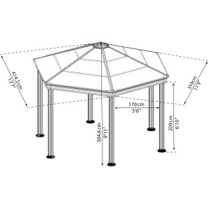 Technische Zeichnung: Palram Canopia Roma 4 x 3.6 Gartenpavillon in Anthrazit mit Maßen.