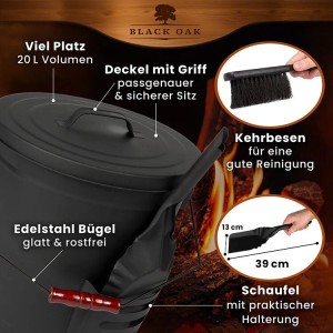 BLACK OAK Ascheeimer STROMBOLI mit Schaufel und Handfeger für Kamin und Grill.