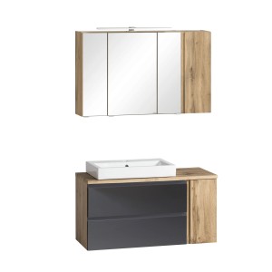2-tlg. Badmöbel-Set Ancona in Grau-Wotaneiche mit Waschtisch links und Spiegelschrank.
