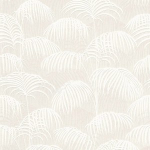 Creme-weiße Textiltapete mit Palmenmuster, matte Optik. Dekorative Tapete für Wohnräume.