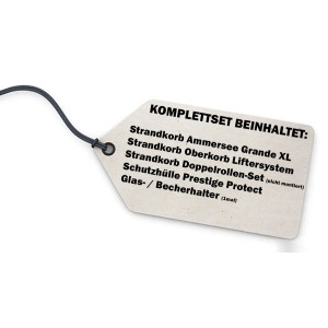Etikett mit Inhaltsangabe für Strandkorb Ammersee Grande XL Komplettset: Zubehör wie Liftersystem, Rollen, Schutzhülle, Becherhalter.