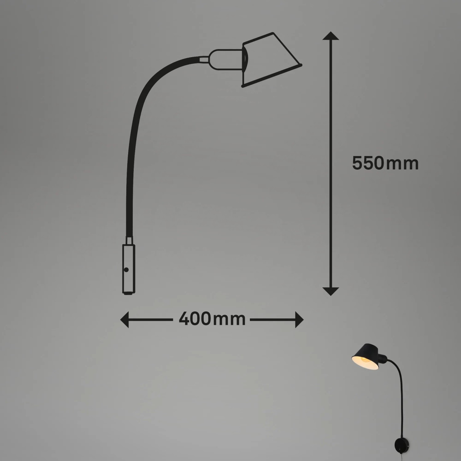 Schwarze, schwenkbare Briloner Bettleuchte mit Schalter, 55 cm hoch, für flexible Beleuchtung.
