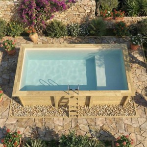 ALTANKA Holzpool Aqua 6,1x2,85 Höhe 1,31 m SANDFARBEN mit Liegefläche mit Einzubetonierendem Profil BAS7307OSPI3+PLA307