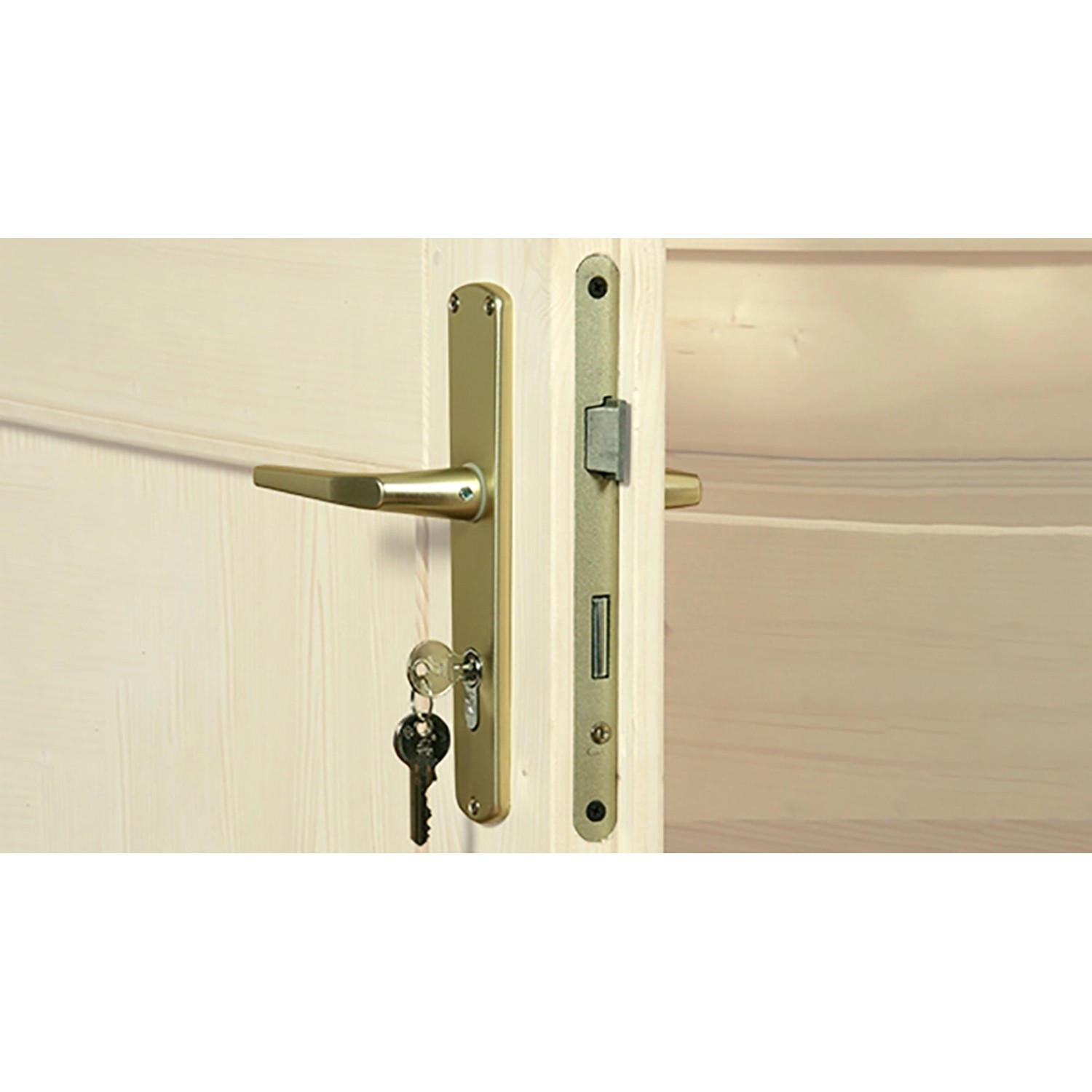 Detailaufnahme: Goldener Türgriff mit Schlüssel und Schloss eines Gartenhaus 123.
