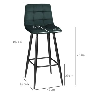HOMCOM Barhocker 2er-Set, grüner Bistrohocker mit Fußstütze und schwarzen Beinen, Maße eingezeichnet.
