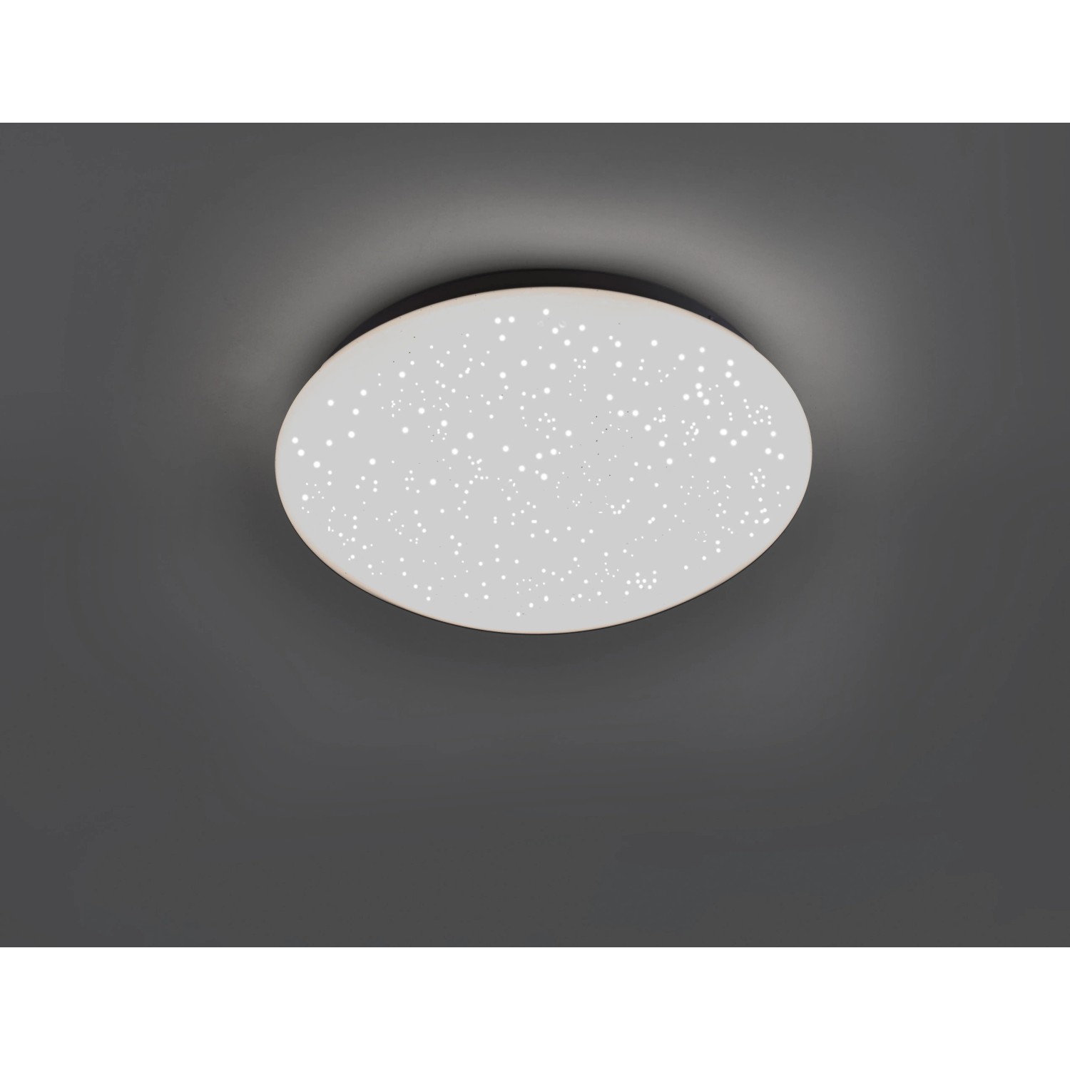 Weiße LED-Deckenleuchte Skyler Ø 25 cm mit Sternenhimmel-Optik für stimmungsvolle Beleuchtung.