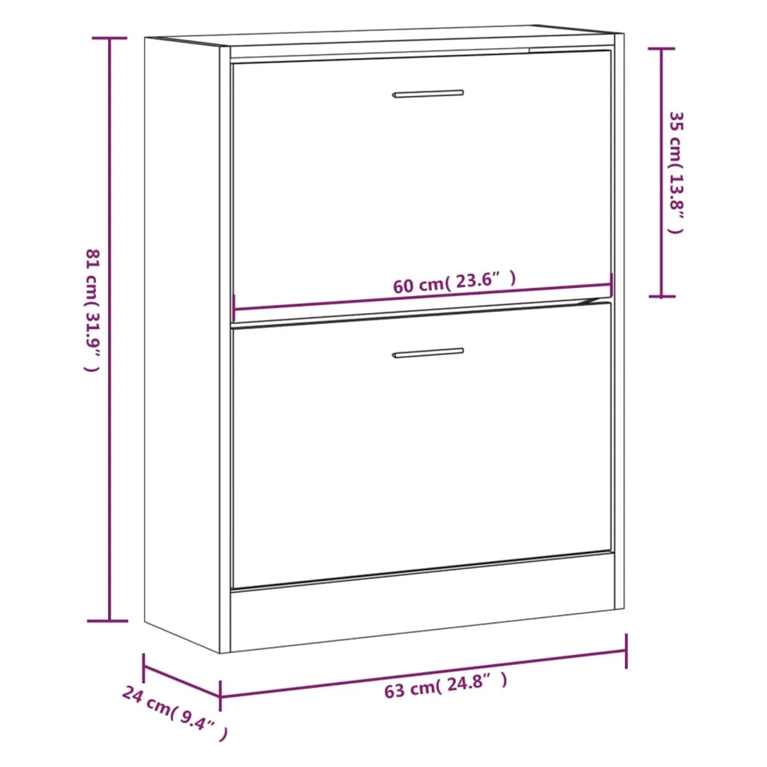 Schwarzer vidaXL Schuhschrank (63x24x81 cm) aus Holzwerkstoff mit zwei Kippfächern.
