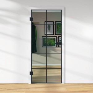 Schwarze Glasdrehtür mit Siebdruck Dekor, ESG Klarglas, DIN links, für modernes Wohnen.