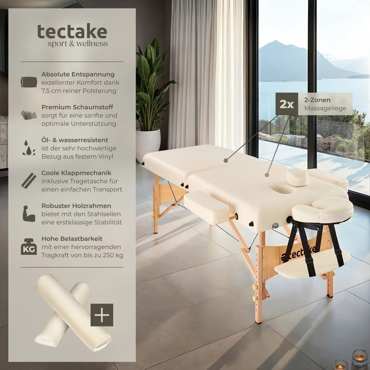 Beige Tectake Massageliege (59 cm breit) mit Zubehör wie Lagerungsrollen und Tragetasche.