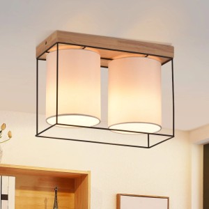 ZMH Deckenleuchte Holz mit 2 weißen Stoffschirmen, schwarzem Metallrahmen. Leuchtet warm, Vintage Industrial Stil für Flur.