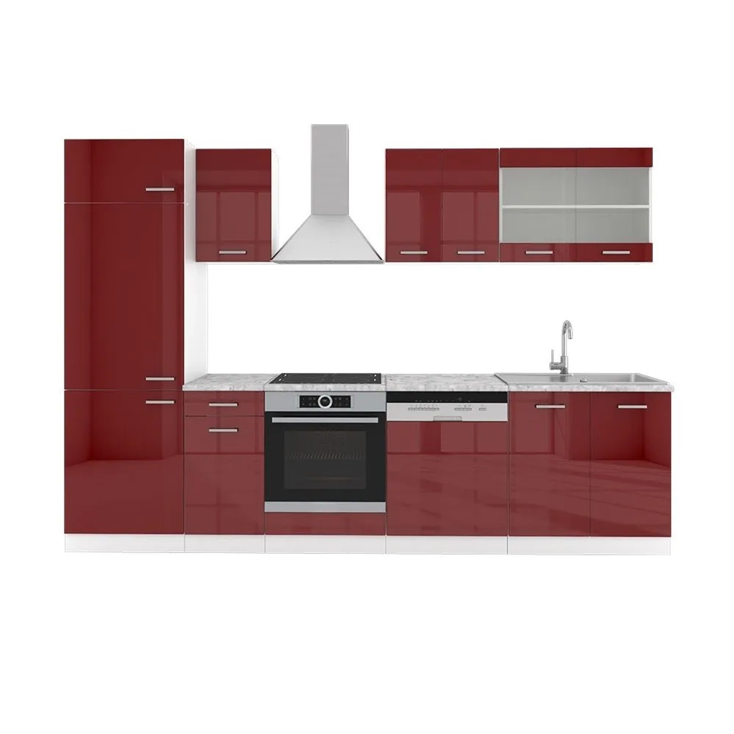 Vicco R-Line Küchenzeile Bordeaux Hochglanz Weiß 300 cm AP Marmor ohne E-Geräte