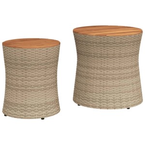 2er Set: Beige Garten-Beistelltische aus Rattan mit Holzplatte für Terrasse & Garten.