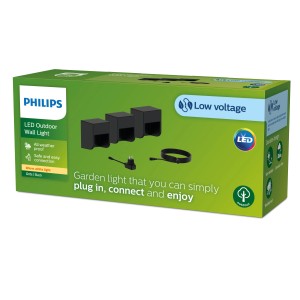 Philips Outdoor-Wandleuchten Grits 3er-Set mit Netzteil und Kabel für den Garten.