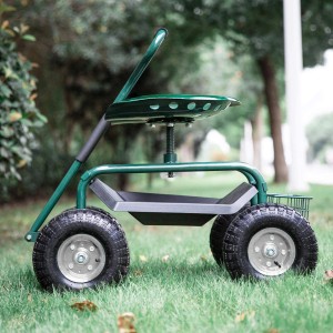 Grüner Axi Rollsitz AG22 mit Ablage für komfortable Gartenarbeit.