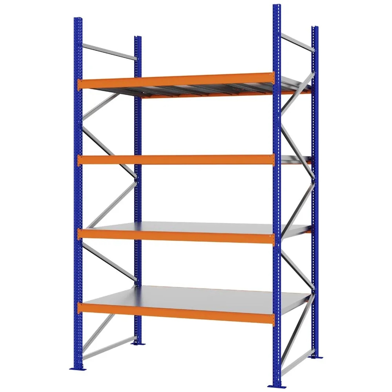 PROREGAL Weitspannregal Schraub-Stecksystem MAGNUS PRO Made In Germany Grundregal 300x175x100cm 4 Ebenen Stahlböden Fachlast 700kg Blau/Orange