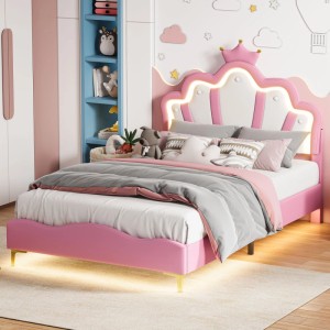 PXloue Kinderbett 90x190 cm RosaLED-Kinderbett mit Verstellbarem KopfteilPU-Polsterbett