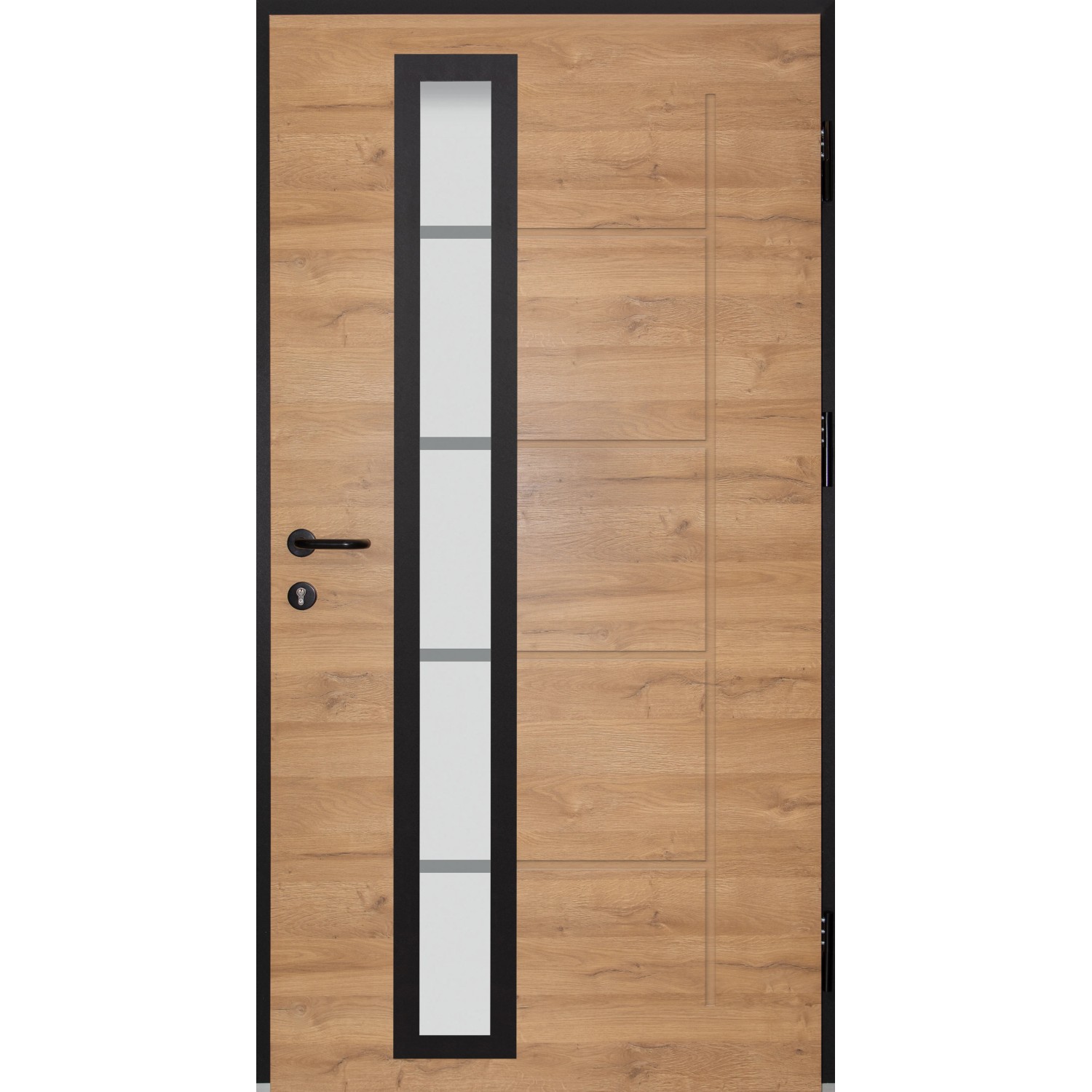 Splendoor Sicherheitshaustür Thermospace Paris Prime RC2 in Eiche Natur mit Glaselement und schwarzem Rahmen.