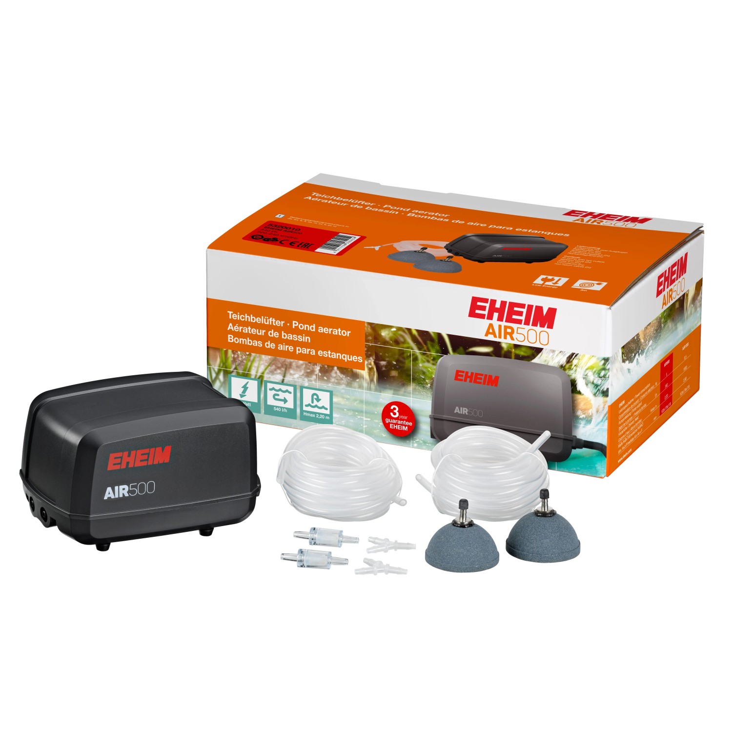 Eheim Air500 Teichbelüfter Set mit Pumpe, Schlauch und Ausströmer für optimale Sauerstoffversorgung im Gartenteich.