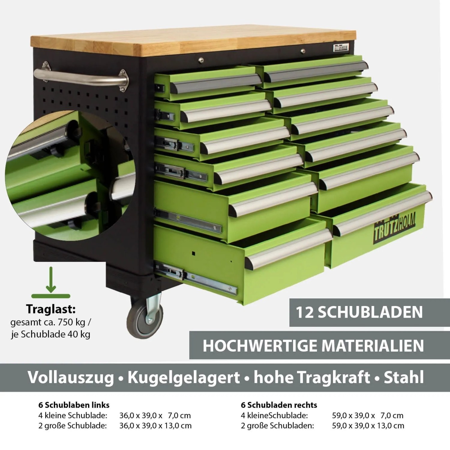 TRUTZHOLM Werkstattwagen DELUXE mit 12 Schubladen, Arbeitsplatte aus Holz, teilbestückt.