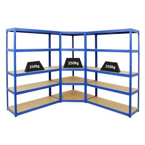 Blaues PROREGAL Mega Deal Regal-Set: 1 Eckregal & 2 Schwerlastregale mit MDF-Böden.