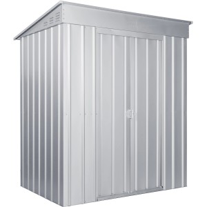 Globel Metall-Gerätehaus Skillion 64, silber metallic, mit Pultdach und Tür.