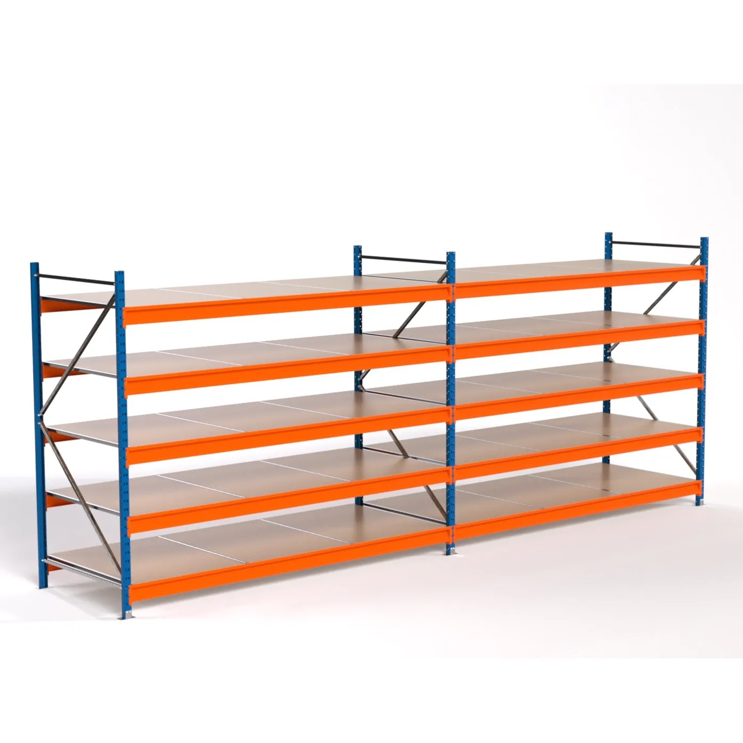 PROREGAL Industrie Weitspannregal Lagerregal MAXIMUS PRO Komplettregal 2 Felder HxBxT 200x500x100cm 5 Spanplatten-Fachboden Fachlast 530kg Blau/Orange