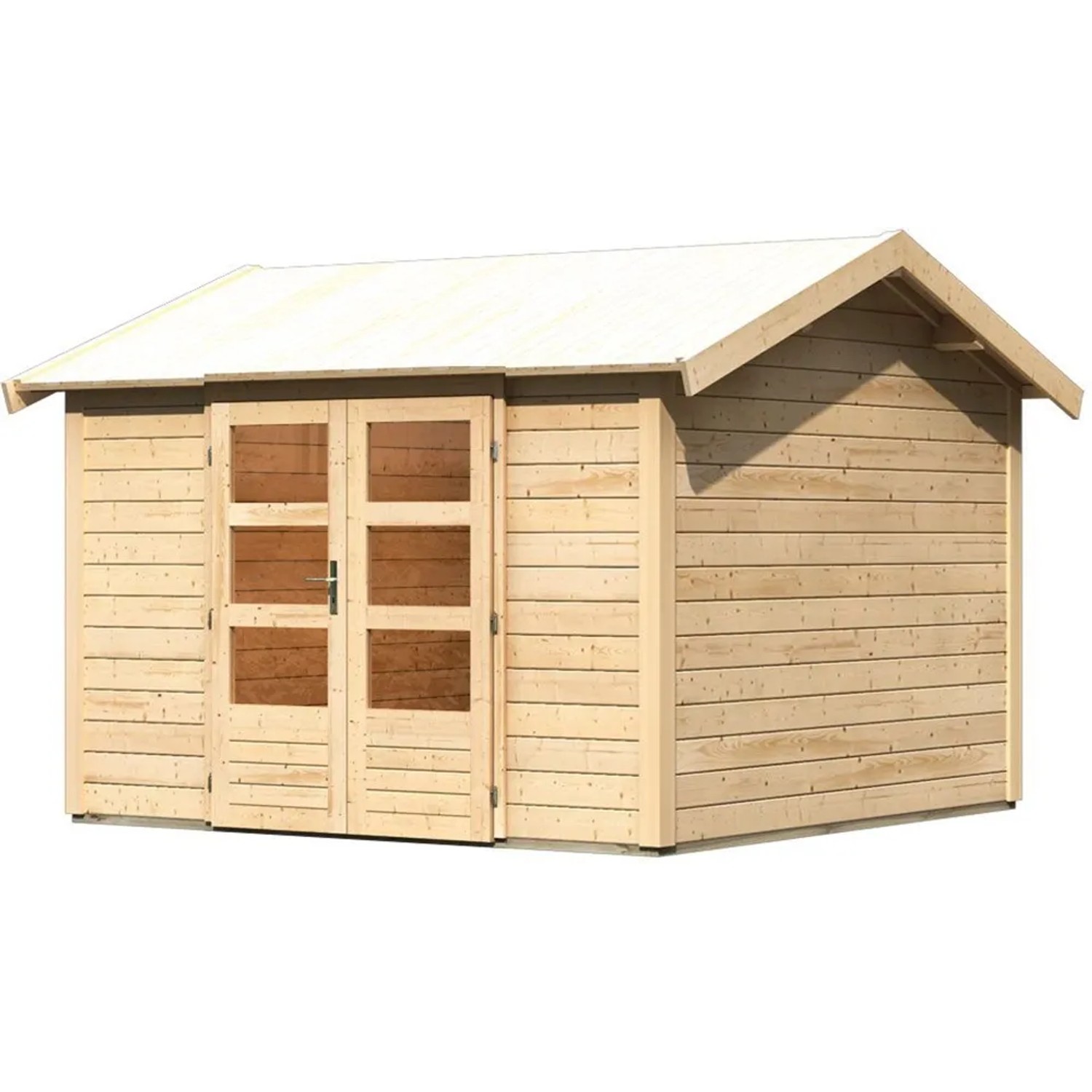 Karibu Gartenhaus Timra, naturbelassen, mit Satteldach und Doppeltür. Holz-Gartenhaus für den Garten.