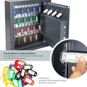 Anthrazit HMF Schlüsseltresor mit Zahlenschloss, offen. Innen 48 Haken, verstellbare Leisten und bunte Schlüsselanhänger.