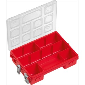 Roter LUX Sortierkasten mit 6 Fächern und transparentem Deckel, Aufbewahrungssystem.