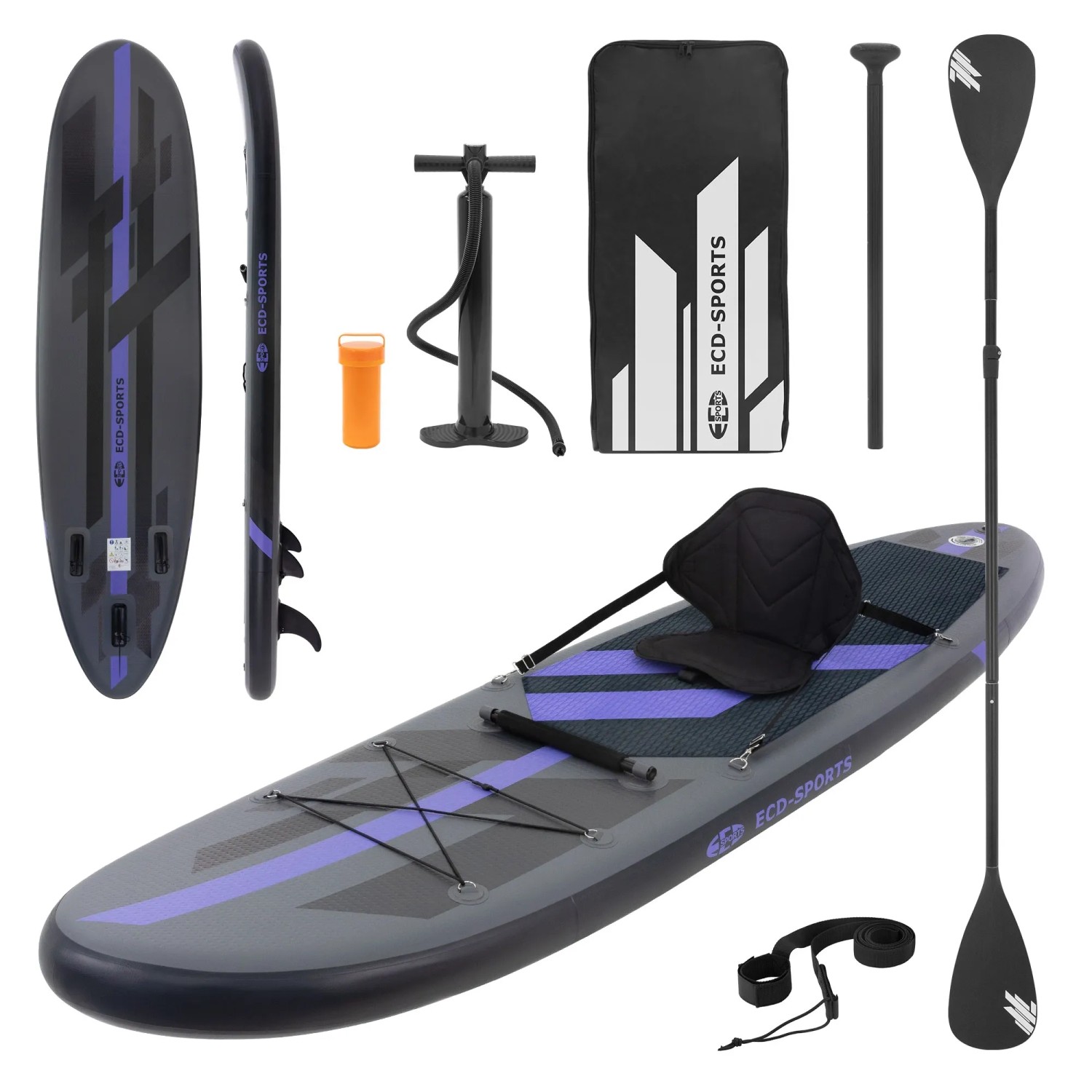 Aufblasbares Stand Up Paddle Board Set mit Sitz, Paddel, Pumpe und Tasche von ECD Germany, schwarz.