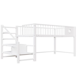 Weißes Merax Metall-Hochbett 90x200cm mit Stauraumleiter. Platzsparendes Kinderbett für Jugendzimmer, stabil und modern.
