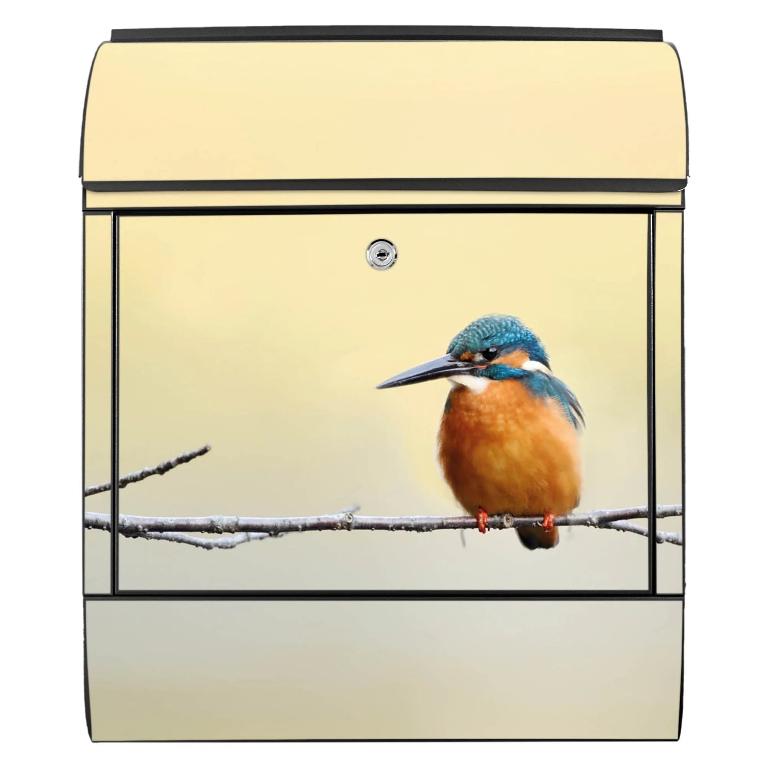 Schwarzer Banjado Design Briefkasten mit Eisvogel Motiv und Zeitungsfach.