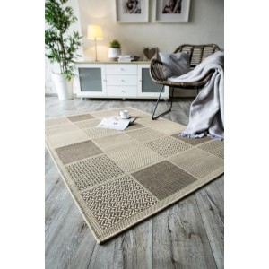 Andiamo Outdoorteppich Utah Beige, 160x230 cm, mit quadratischem Muster im Wohnraum.