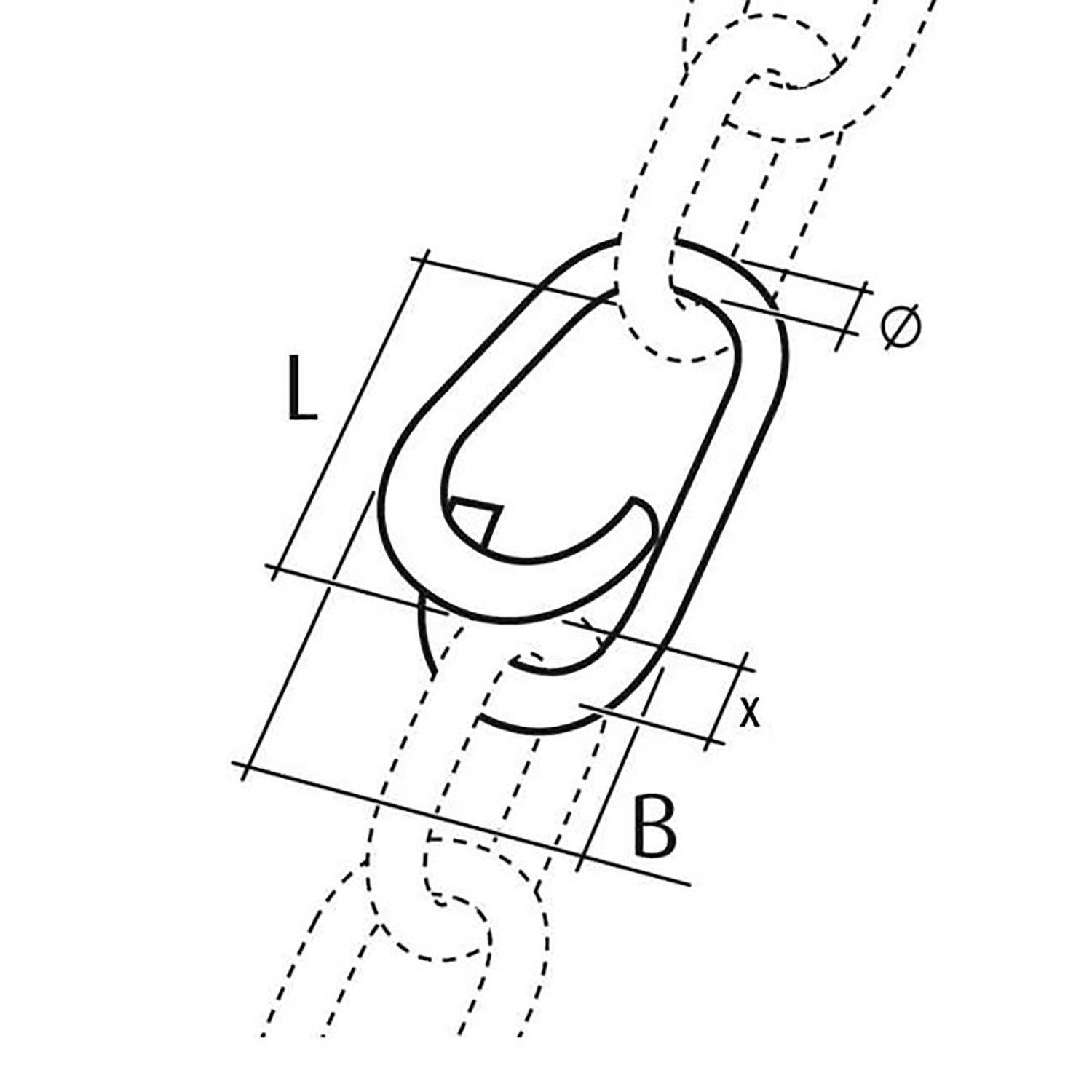 Technische Zeichnung: Conacord Ketten-Notglied aus Stahl, 3 mm Durchmesser, 16 mm Länge.