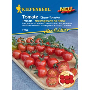 Kiepenkerl Cherry-Tomate Tremolo F1-Hybride mit leuchtend roten, runden Früchten auf einem Holztablett.